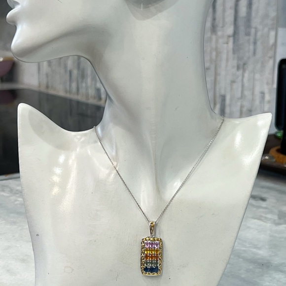 Multi Sapphire 18K Vermeil YG Sterling Silver Pendant 20” Necklace - Picture 8 of 13